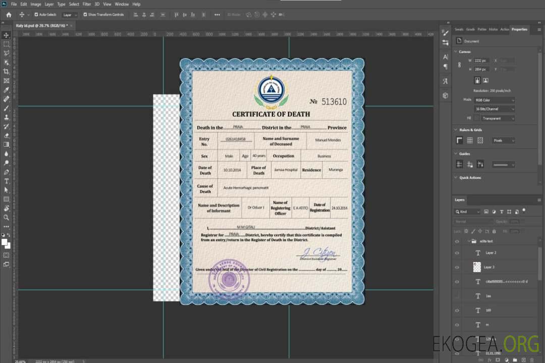Modèle PSD de certificat de décès du Cap-Vert template